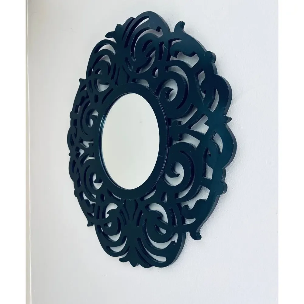 Decorative Black Wood Scroll Wall Mirror 20” diameter